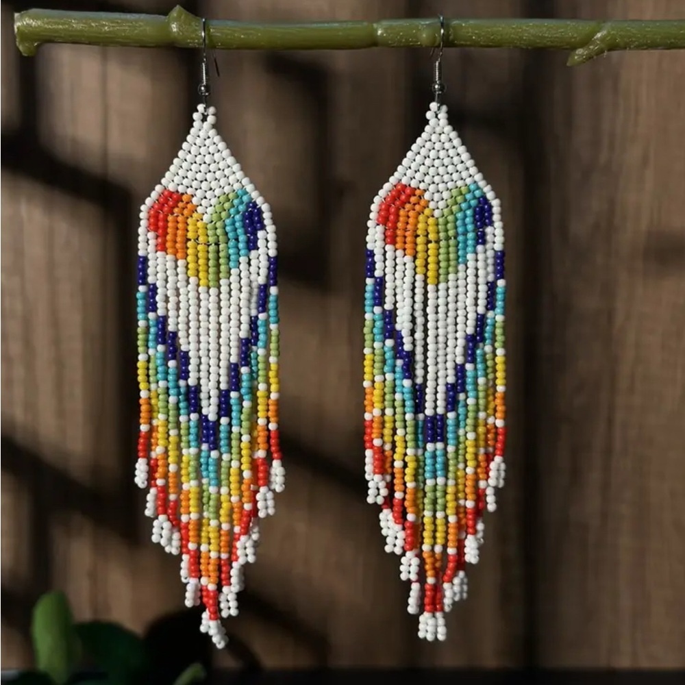 Rainbow Beaded Fringe Earrings